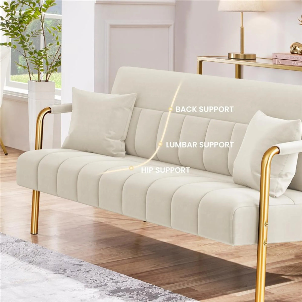 2-Sitzer-Stoffsofa mit Armlehnen und Metallbeinen, beige, 143,5 × 71,5 × 75,5 cm