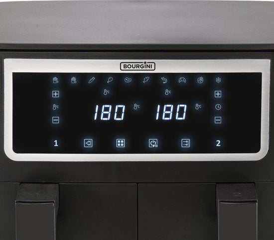 Bourgini Duo Heißluftfritteuse - 2 x 4,0L – PFAS-frei – XXL – 2 Einschübe mit Synchronisationsfunktion – Touchscreen – 8L – 2600 W – Schwarz