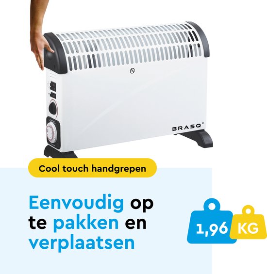 BRASQ - Elektrischer Konvektor - Turbofunktion und einstellbarer Thermostat - Kompakt und leise - Timer - 750/1250-2000 Watt - Heizung mit Überhitzungsschutz - Weiß - Elektroheizung