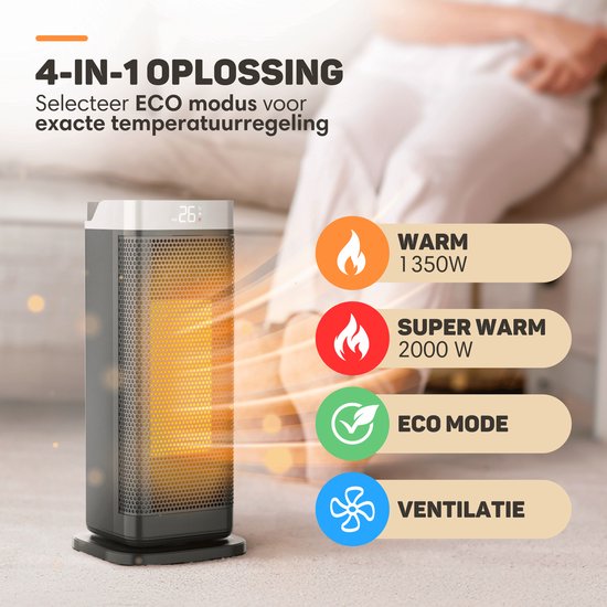 Vulpes Goods® Tech - Elektroherd - Heizlüfter - Keramischer Herd - 4 Stufen - 2000W - Timer, Fernbedienung & Thermostat - Heizung - Elektroheizung für Innenräume - Schwarz
