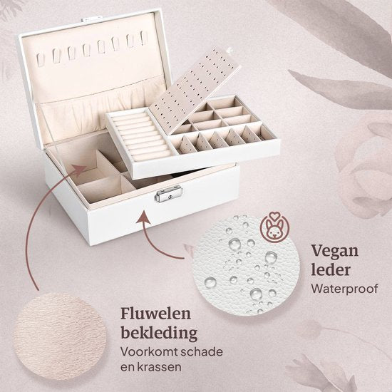 Vimora - Schmuckkästchen - für Erwachsene - Geeignet für Halsketten, Ohrringe, Armbänder & Ringe - Mit extra Boden - Schmuckkästchen Girls - Weiß