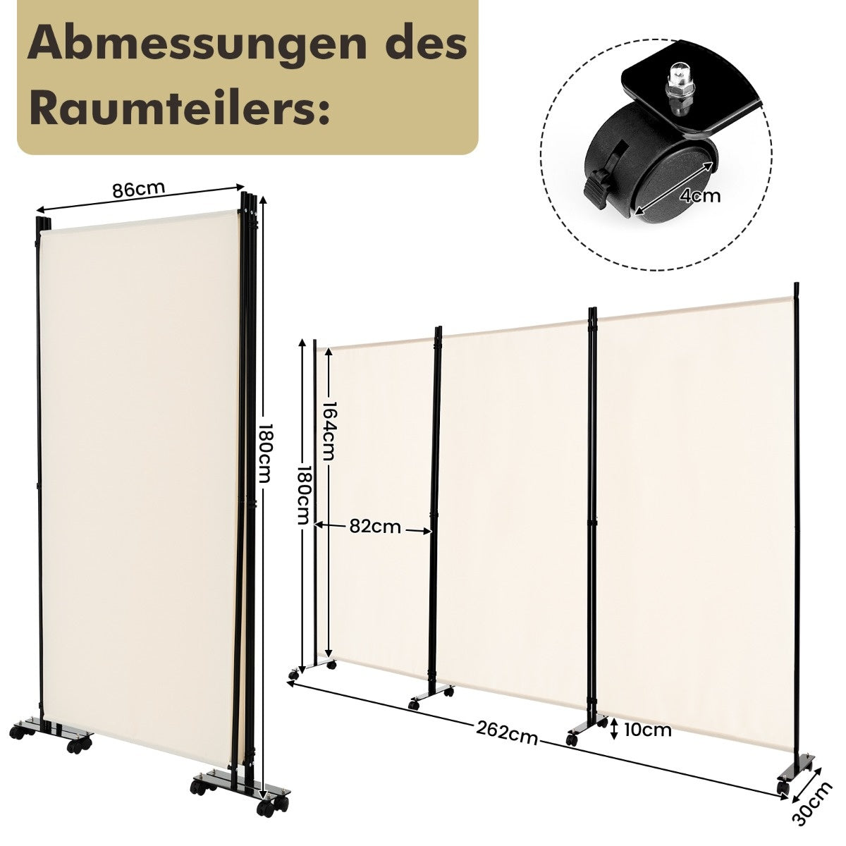Coast 180 cm Raumteiler - auf Rädern - faltbarer Paravent mit 3 frei kombinierbaren Paneelen - weiß