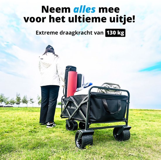 FlinQ Bolderkar mit Dach bis zu 130 KG - faltbar - Strandtrolley mit Schiebestange - zusammenklappbarer Strandtrolley - 100L Kapazität mit Schwenkrädern - Schwarz