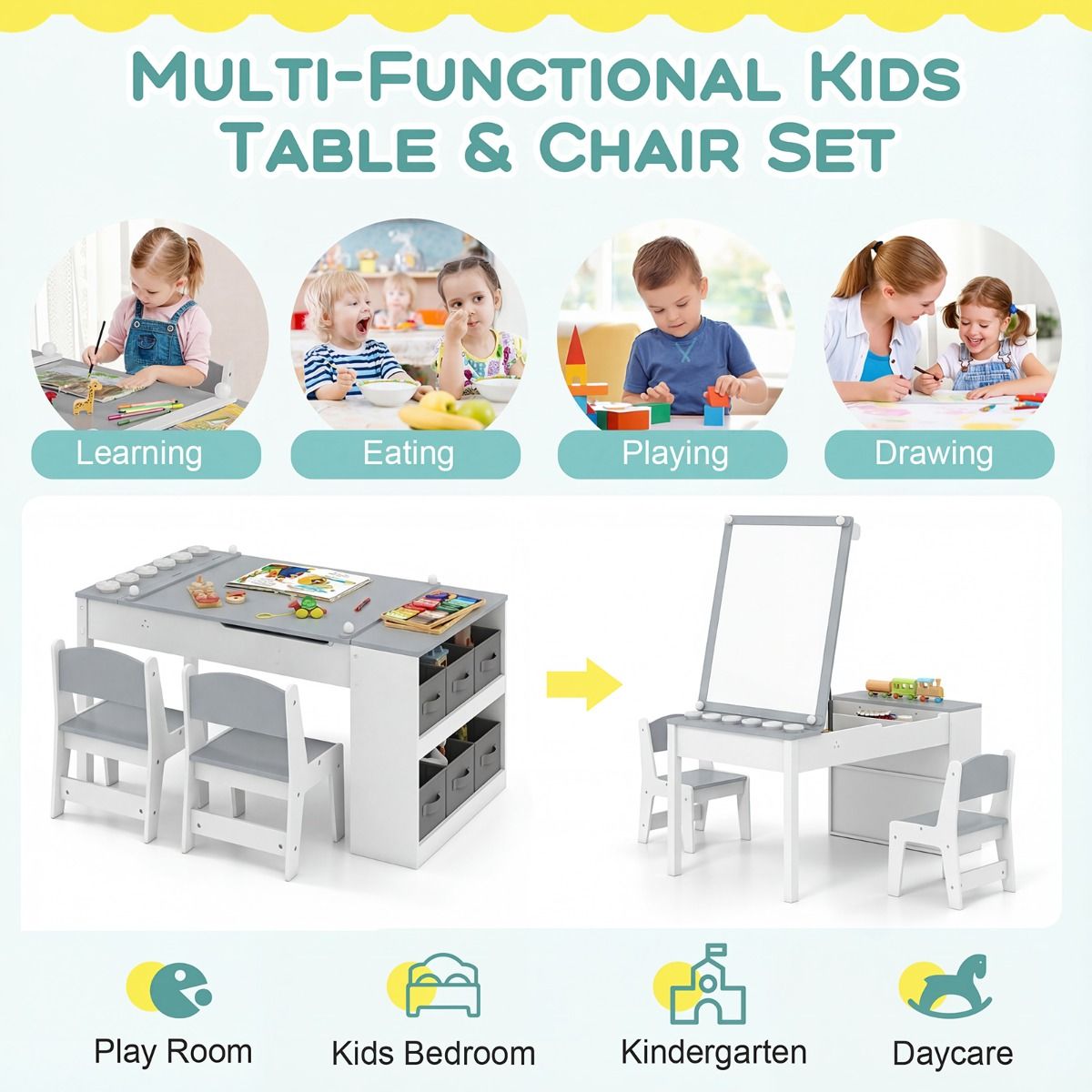 Coast Kinder-Tisch- und Stuhlset – 2-in-1-Zeichentisch mit Stauraum und Papierrolle – grau