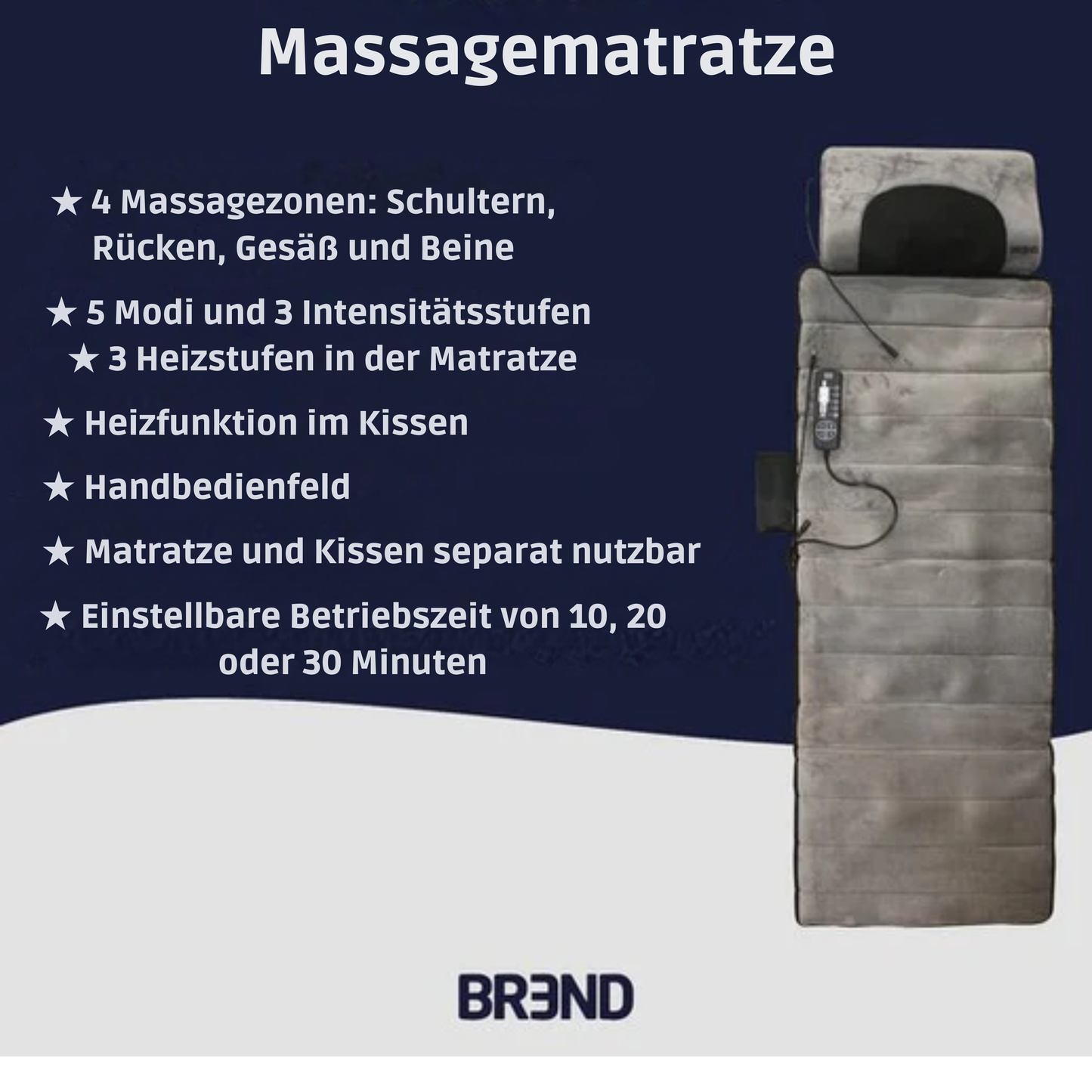 BREND Elektrische Massagematratze und Kissen - 5 Vibrationsmodi - 3 Intensitäten - 170 x 55 CM - Grau