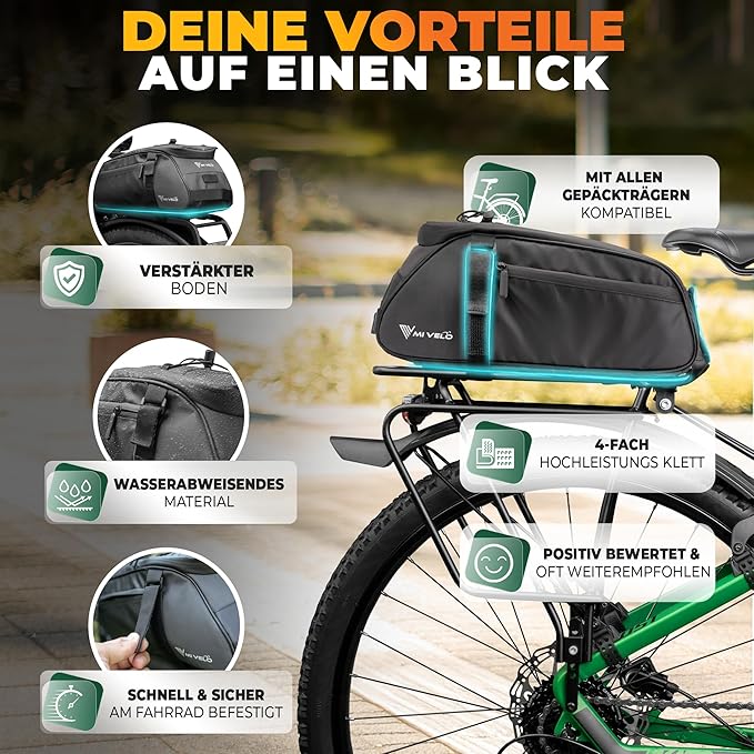 MIVELO Fahrradtasche - wasserdicht & reflektierend - 9 Liter - Schwarz