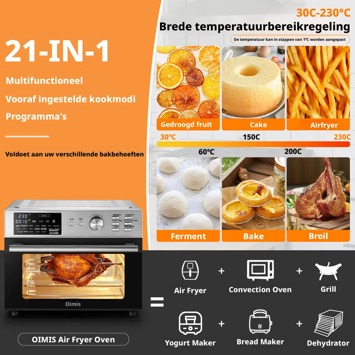 Oimis Airfryer-Backofen 30 Liter – 21 Programme mit Grillspieß und Trocknungsfunktion – 1800 W – 45,6 x 43 x 36,5 cm – Edelstahl silber