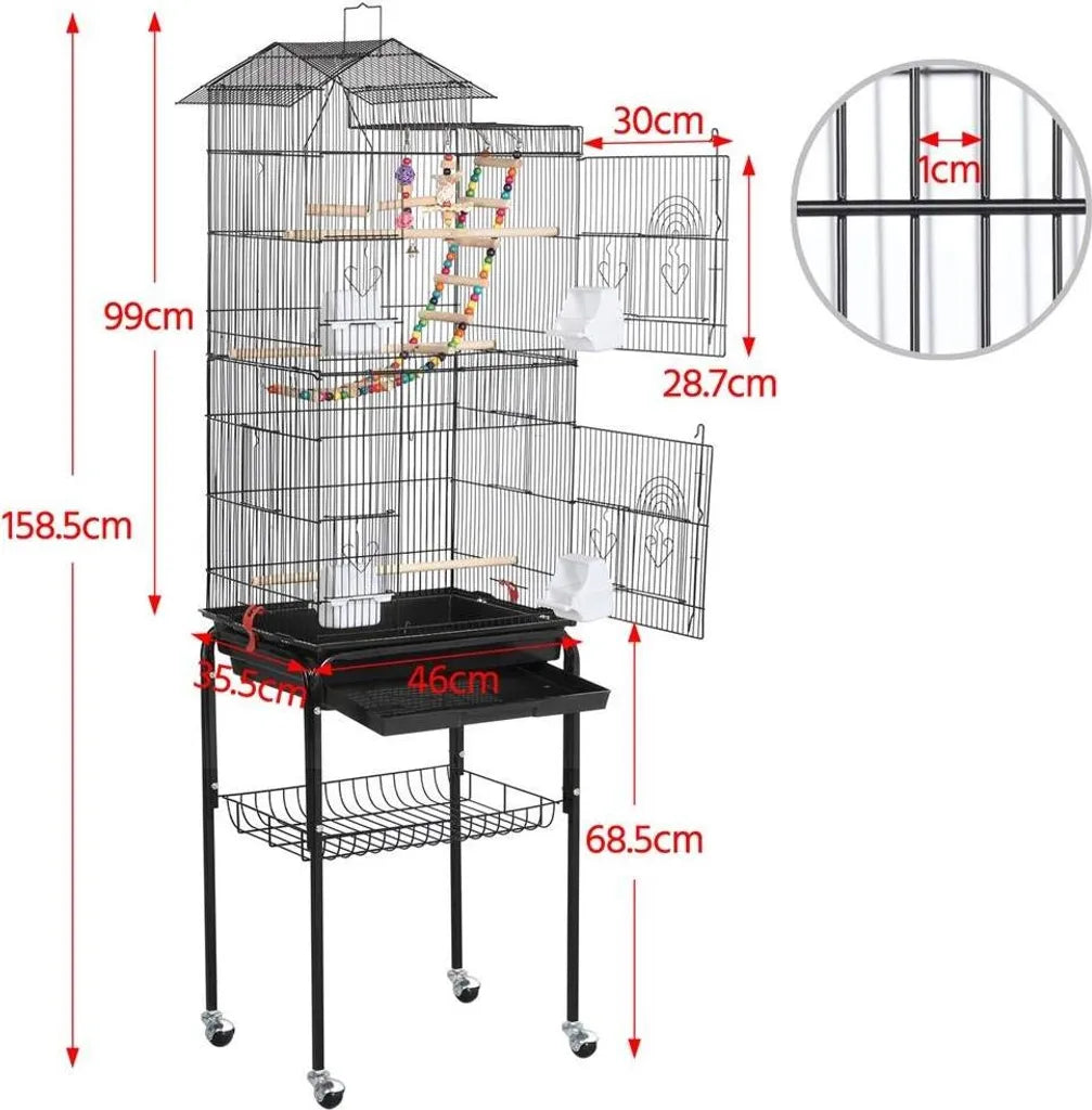 Yaheetech Vogelkäfig XL – mit Ständer/Rollen – 46 x 35,5 x 158,5 cm – Schwarz