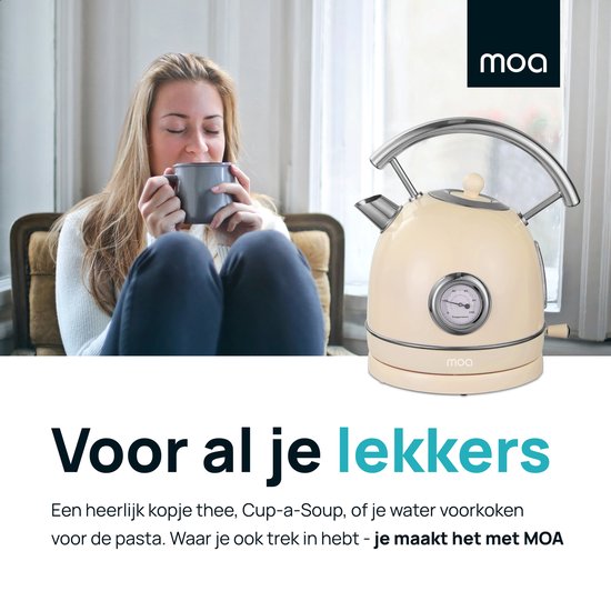 MOA Wasserkocher Retro - 1,8 Liter - Elektrischer Wasserkocher - Anti-Kalk-Filter - BPA-frei - Edelstahl - 2200W - Creme