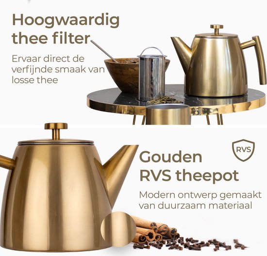 Vaja® Teekanne Juliette Gold - Doppelwandig - 1 Liter - Edelstahl-Teekanne mit Filter & Heißhalterung