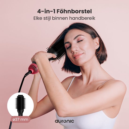 Auronic 4-in-1 Haarbürste - Airstyler - Kämmen - Stylen - Locken - Föhnen - 37 mm Lockenbürste - 360 Grad Luftstrom - Schwarz/Pink