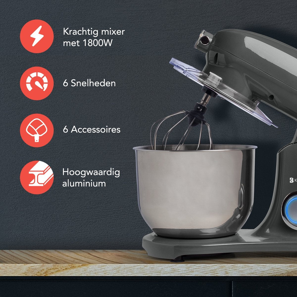 KitchenBrothers Küchenmaschine - Küchenroboter - 6L Rührschüssel - 1800W - Aluminium - Anthrazit