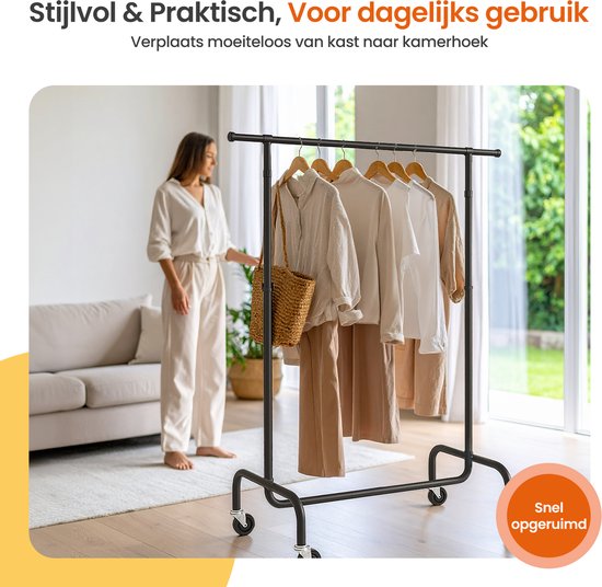 Goliving Kleiderständer auf Rädern XL - Ausziehbarer Kleiderständer 112-150 cm - 130kg Tragkraft - Stabiler Kleiderständer - Metall - Schwarz