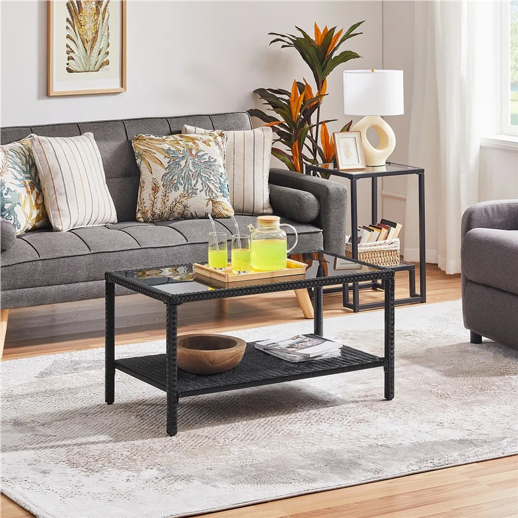 Yaheetech Rattan Couchtisch - Beistelltisch - mit Glasplatte - mit Regal - innen/außen - grau