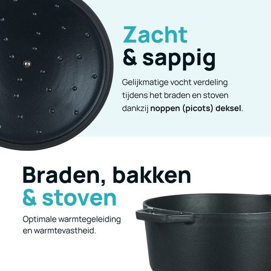 MOA Kasserolle - Gusseisen - Fassungsvermögen 5,7 Liter - 26CM - Rund - Alle Wärmequellen - Auch für Induktion - Gewicht 5,8 kg - Schwarz - C26B