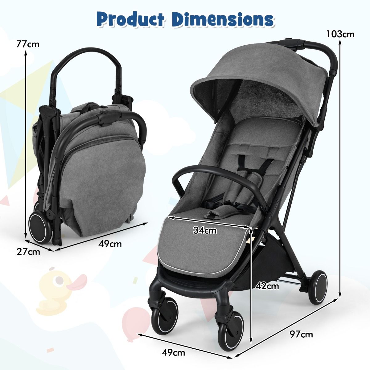 Coast Kinderwagen – leicht und kompakt – mit einer Hand zusammenklappbar – schwarz – 97 x 49 x 103 cm