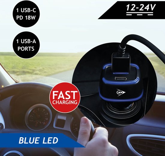 Dunlop Autoladegerät USB - mit USB-A und USB-C Anschluss - Power Delivery/ Schnellladung 18W - Anschluss an Zigarettenanzünder Auto - Kunststoff - Schwarz