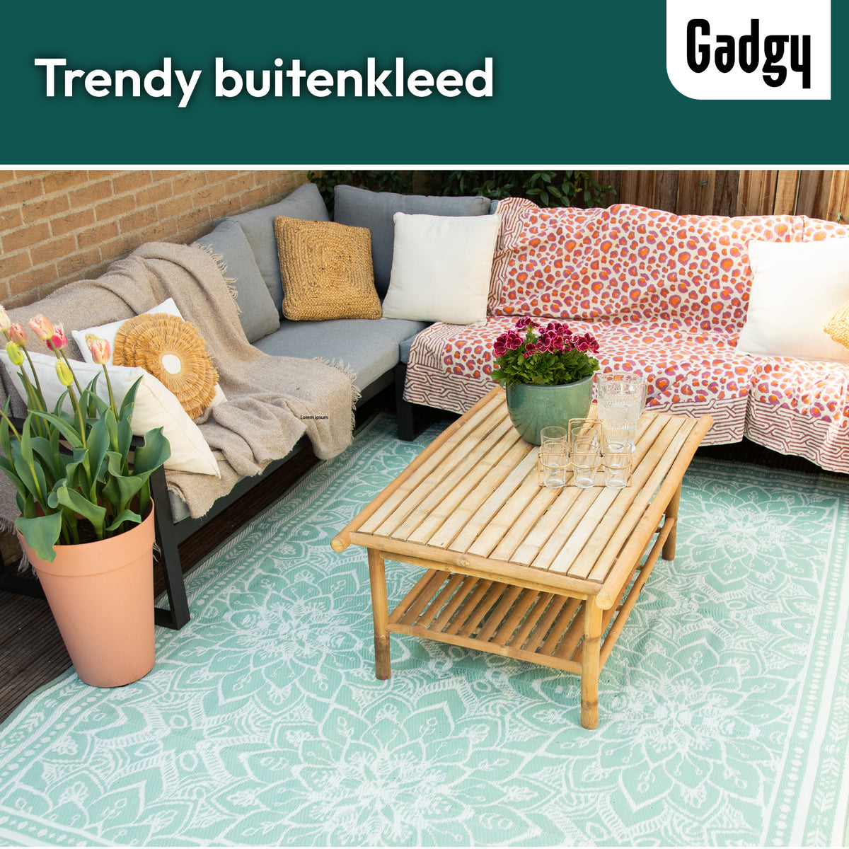 Gadgy Outdoor Teppich XXL - Outdoor Teppich 270x200 cm - Gartenteppich Doppelseitig - Picknickdecke Grün Weiß - Outdoorteppich