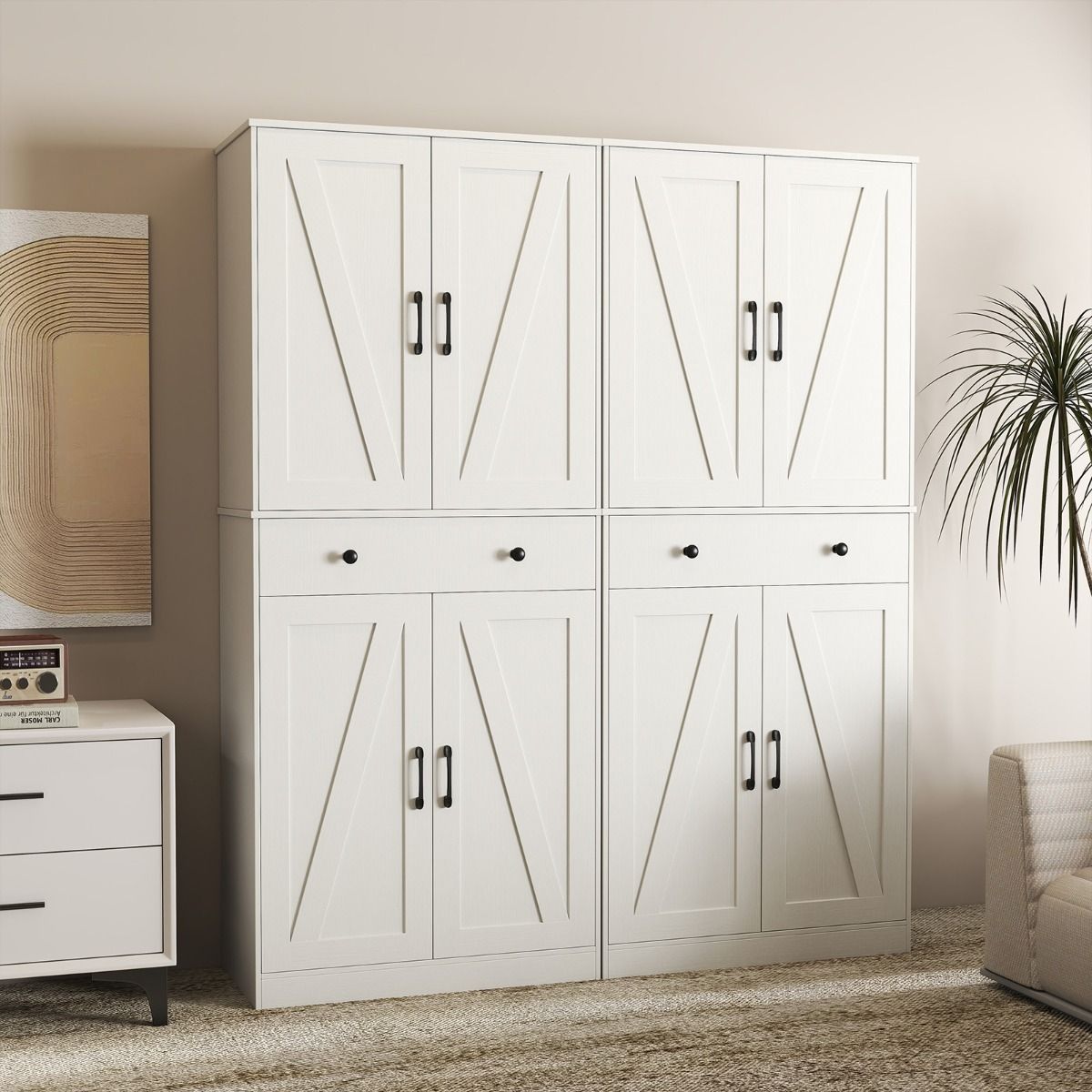 Coast Küchenschrank 77x39x183 cm Weiß - Moderner Schrank im Landhausstil mit 4 Flügeltüren, 3 verstellbaren Einlegeböden, Schublade und Kippsicherung