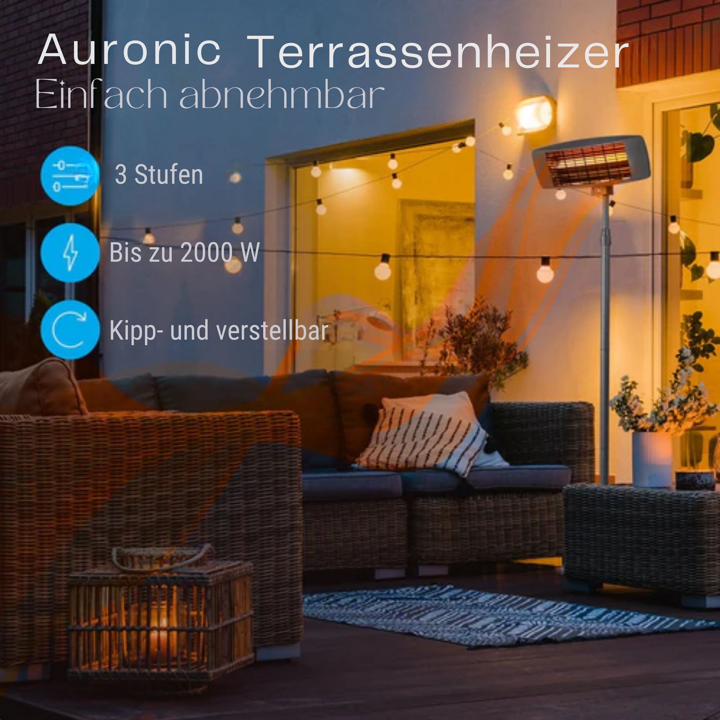 Auronic Terrassenheizer - 2000W - Hängeleuchte und Standfuß - Inkl. Fernbedienung - 3 Stufen - Schwarz
