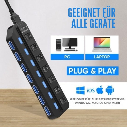 Strex - Mehrfachstecker - 7 Anschlüsse - USB 3.0 Hub - 10m - Schwarz
