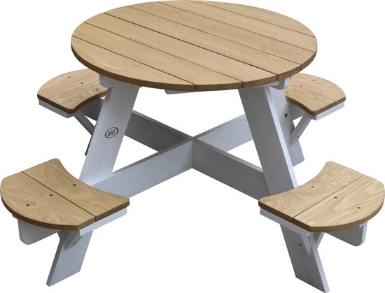 AXI Ufo Picknicktisch, rund, für 4 Kinder, in Braun/Weiß – Picknicktisch aus Holz – 120 x 120 x 56 cm