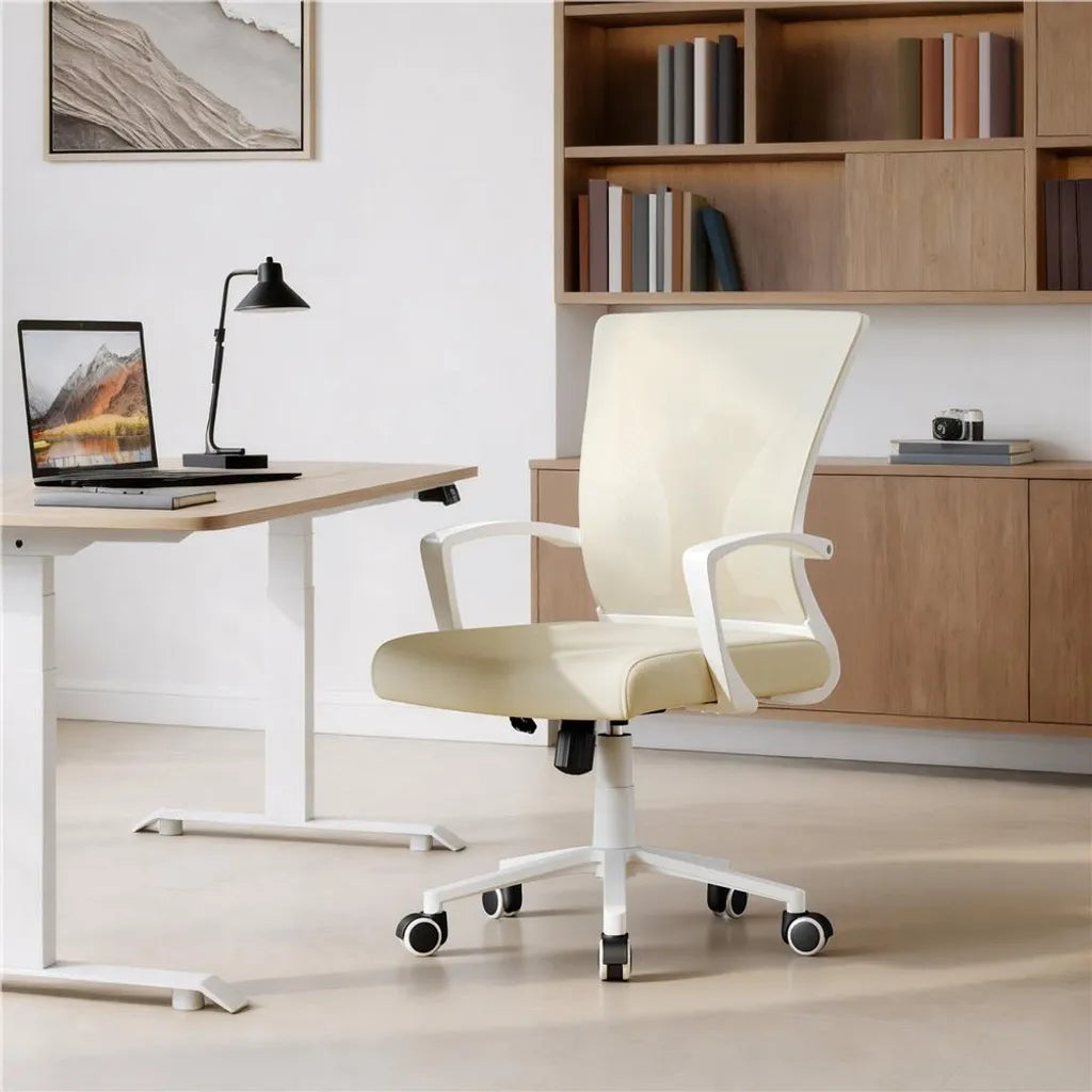 Yaheetech Ergonomischer Bürostuhl 60 x 60 x 91–100,5 cm – Beige – Verstellbarer Drehstuhl mit Netzrückenlehne