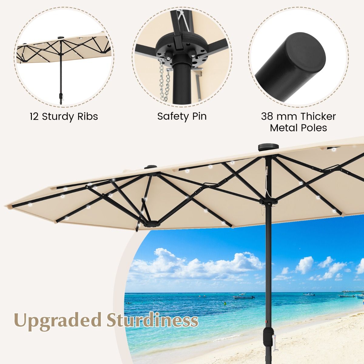 Coast Doppelter rechteckiger Garten-Sonnenschirm 400 x 200 cm - Beige, mit 36 Solar-LEDs und Kurbel