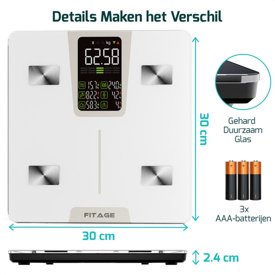 FITAGE LED-Waage Weiß - Personenwaage Digital - Intelligente Waage mit 17x Körperanalyse - Waagen - FITAGE App
