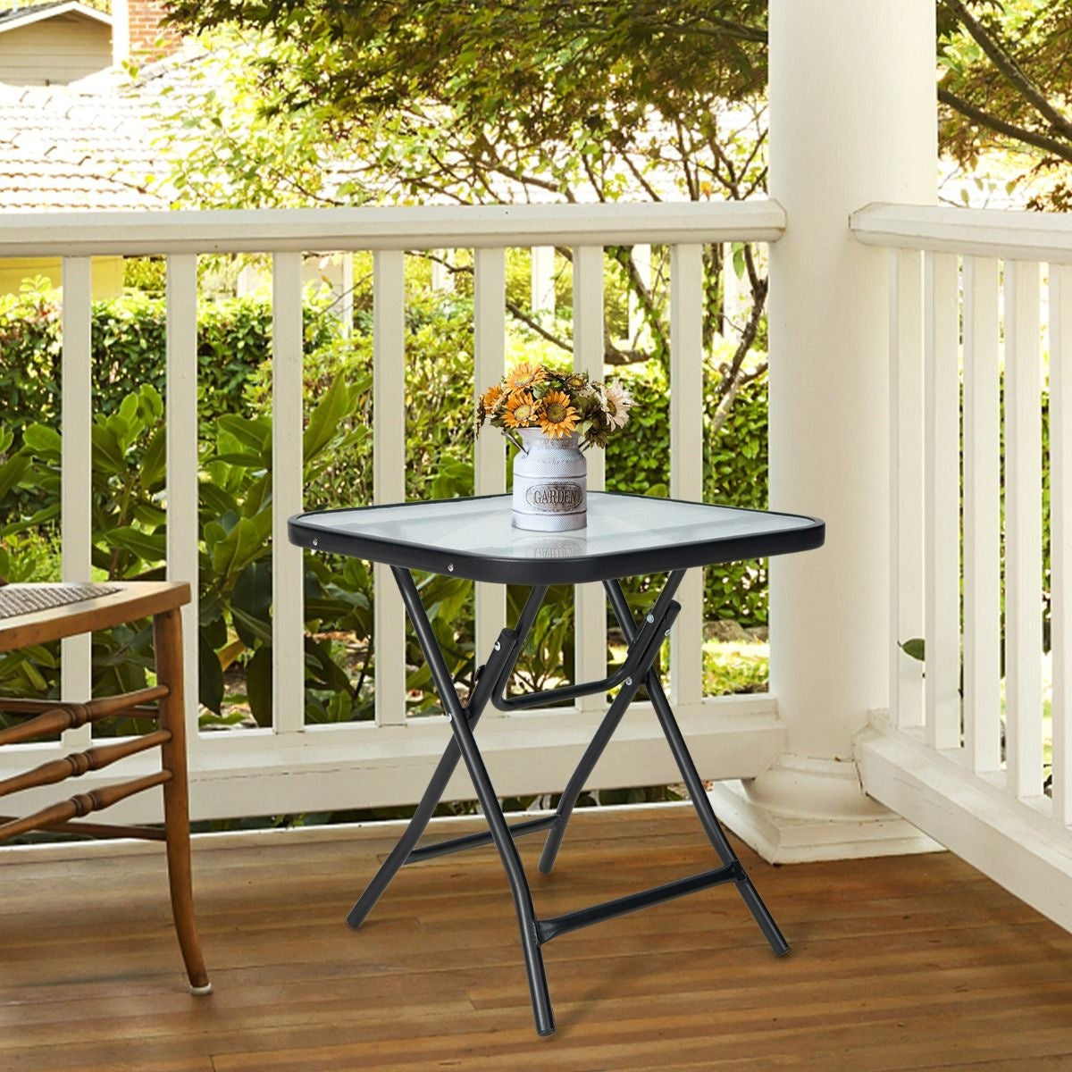 Coast Terrace Beistelltisch quadratischer Glastisch mit Edelstahlgestell klappbarer Couchtisch schwarz