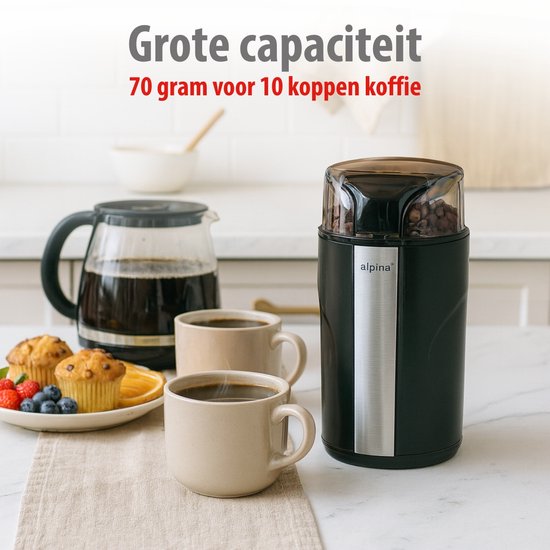 alpina Elektrische Kaffeemühle 200 W – Kaffeemühle für 70 g Kaffeebohnen – Kaffeemühle mit Edelstahlmessern – Mühle mit Sicherheitsverriegelung – Schwarz
