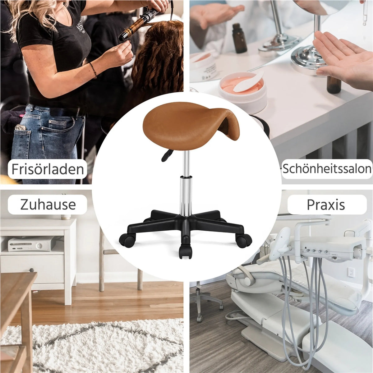 Yaheetech Saddle Stool Ergonomisch - Ausgestattet mit höhenverstellbarem SGS Gaslift und 360° drehbaren Nylonrädern und verchromtem Fuß - Für Friseursalon und Praxis - Retro Braunes PU Kunstleder und Metall - 50 x 50 x 45,5-60 cm