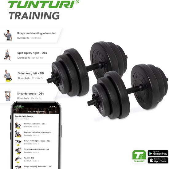Tunturi Hanteln - Hantelset - Hantelset - 2 Stück - Insgesamt 28kg - Schwarz - Vinyl - inkl. kostenloser Fitness-App