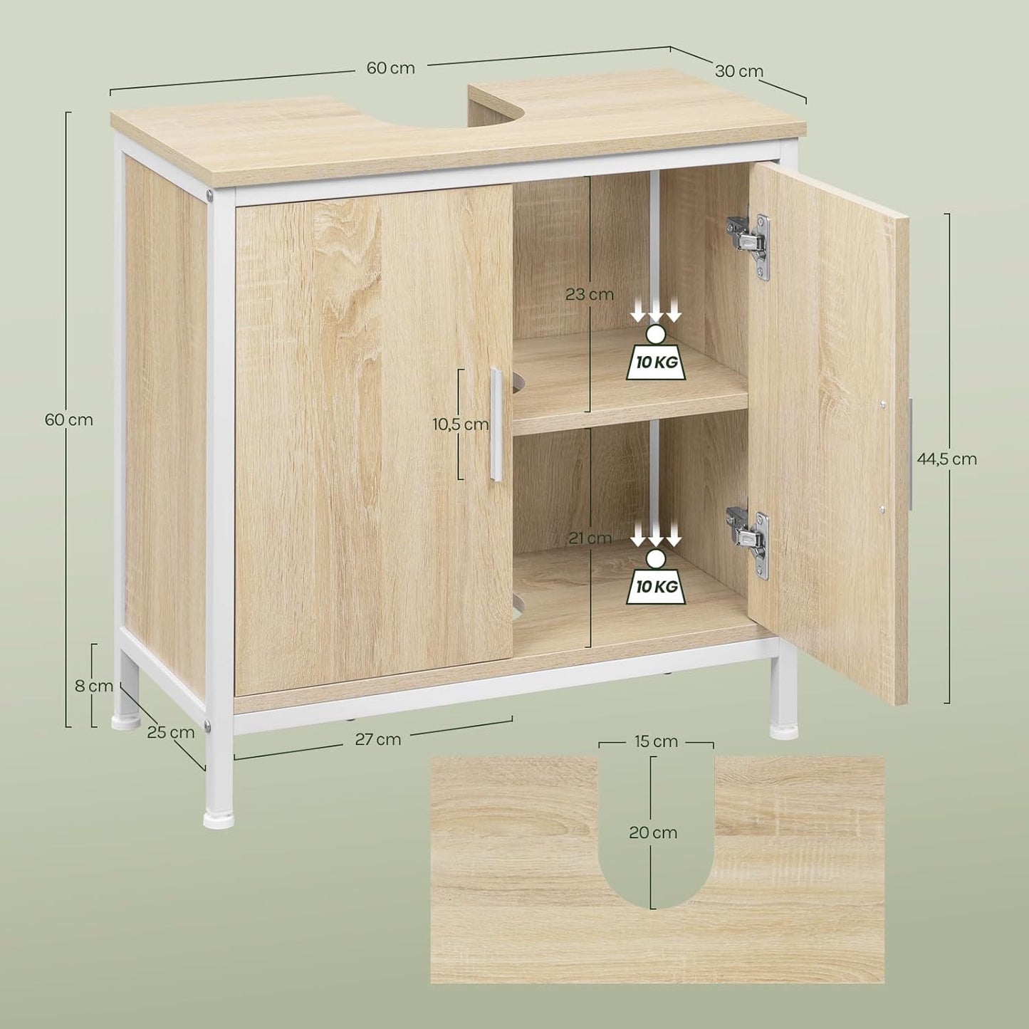 EUGAD Waschtischunterschrank – 60 x 60 x 30 cm – weiß und helle Eiche – mit verstellbarer Trennwand