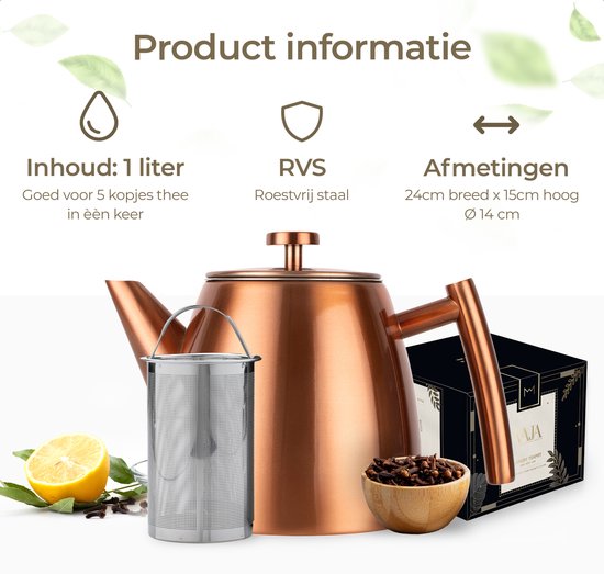 Vaja® Teekanne Juliette Rosé - Doppelwandig - 1 Liter - Edelstahl-Teekanne mit Filter & Heißhalterung