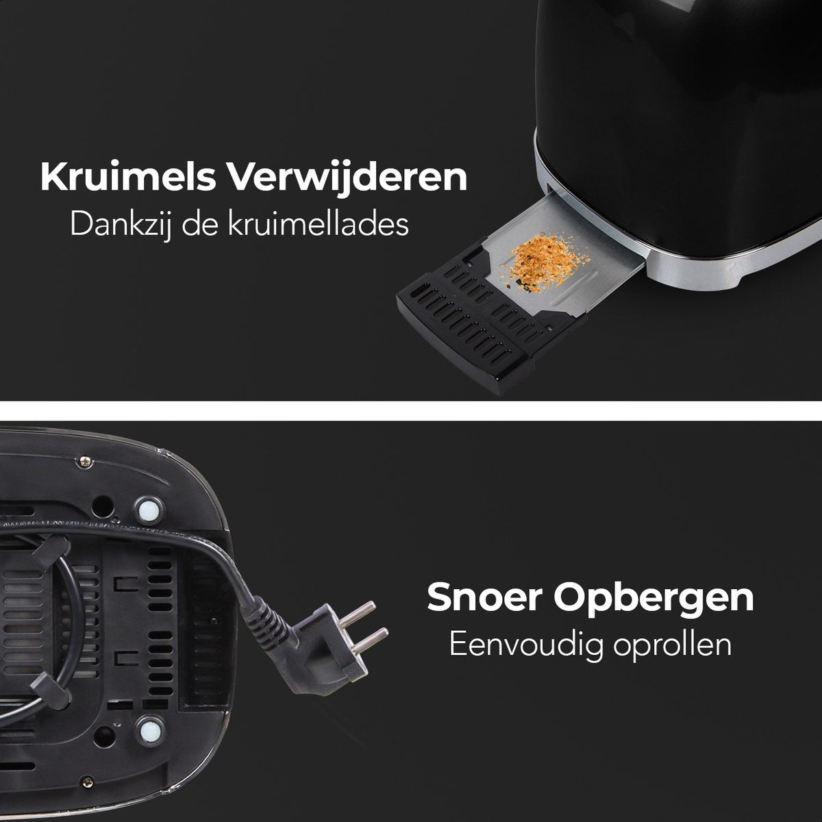 KitchenBrothers - Retro-Toaster - 6 Heizstufen - 2 extra breite Schlitze - Aufwärm- und Auftaufunktion - Schwarz