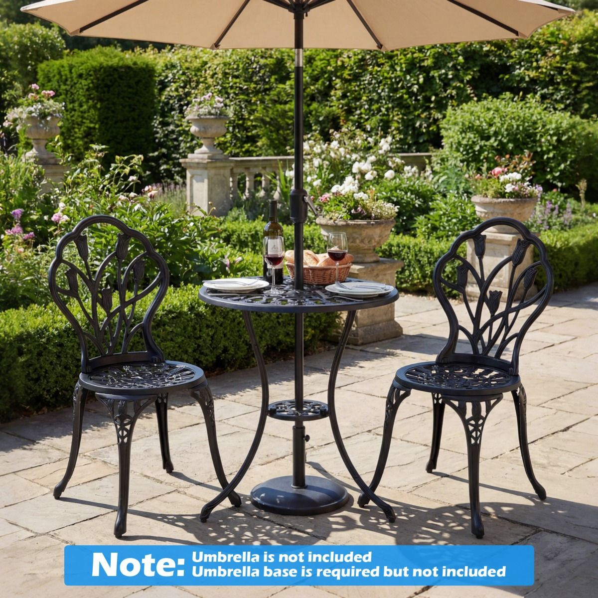 Coast-Gartenset aus Aluminiumguss – 3-teilig – mit Sonnenschirmloch – schwarz