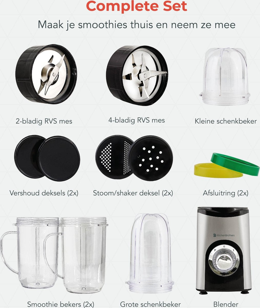 KitchenBrothers Smoothie Mixer - 13-teiliges Set - 4 Becher - Smoothie Maker To Go - 350W - Edelstahl