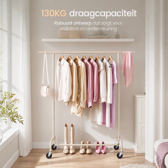 O'DADDY® Kleiderständer – Kleiderständer auf Rollen – Kleiderständer aus Metall - Kleiderständer - Kleiderständer - Garderobenständer - Kleiderstange - Kleiderständer - Ausziehbare Kleiderstange - Verstellbare Kleiderstange - Stabil bis 130 kg - Beige