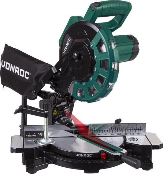 VONROC Kappsäge - Gehrungssäge - 1700W - Ø216MM - 4900 /min - Mit Laser, Tischverlängerung & Tiefeneinstellung - Inklusive Sägeblatt und Werkstückspanner