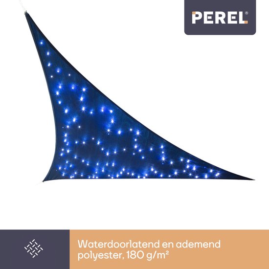 Perel Sonnensegel mit 100 LEDs, Sternenhimmel, Überdachung für Gartenterrasse, Schattentuch, wasserdurchlässig, 90 % UV-Schutz, 3 Edelstahlringe, 3,6 x 3,6 x 3,6 m, 180 g/m², HDPE, Dreieck, dunkelblau