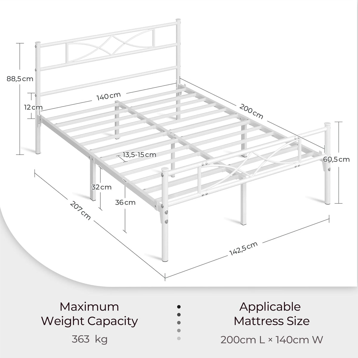 Yaheetech Metallbettgestell – Kopfteil mit Kreuzdesign – 140 x 200 cm – Weiß