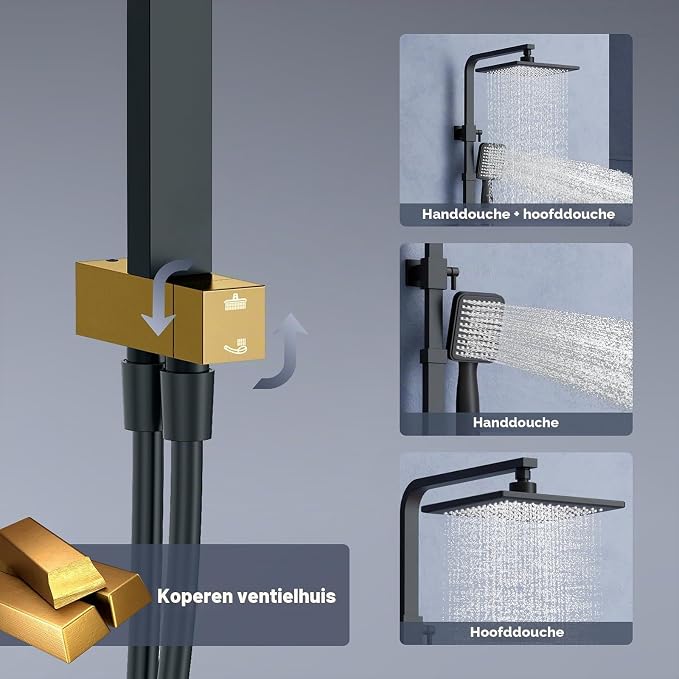 HOMELODY Regenduschen-Set ohne Wasserhahn – 20 x 20 cm Kopfbrause – Handbrause – Verstellbare Duschstange – Schwarz