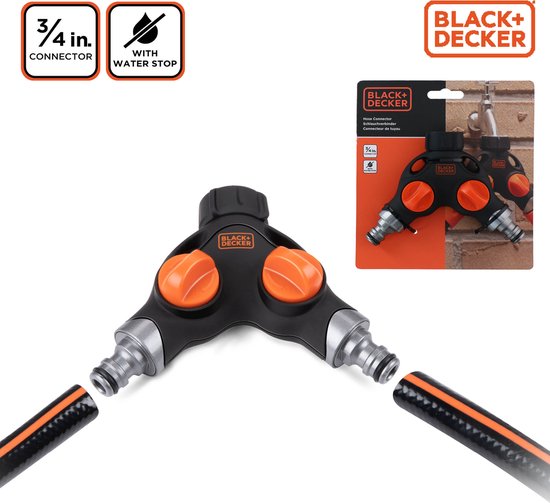 BLACK+DECKER Wasserhahnstück - 3/4 Zoll Anschluss - Wasserstop - 2-Wege-Verteiler - Schwarz/Orange