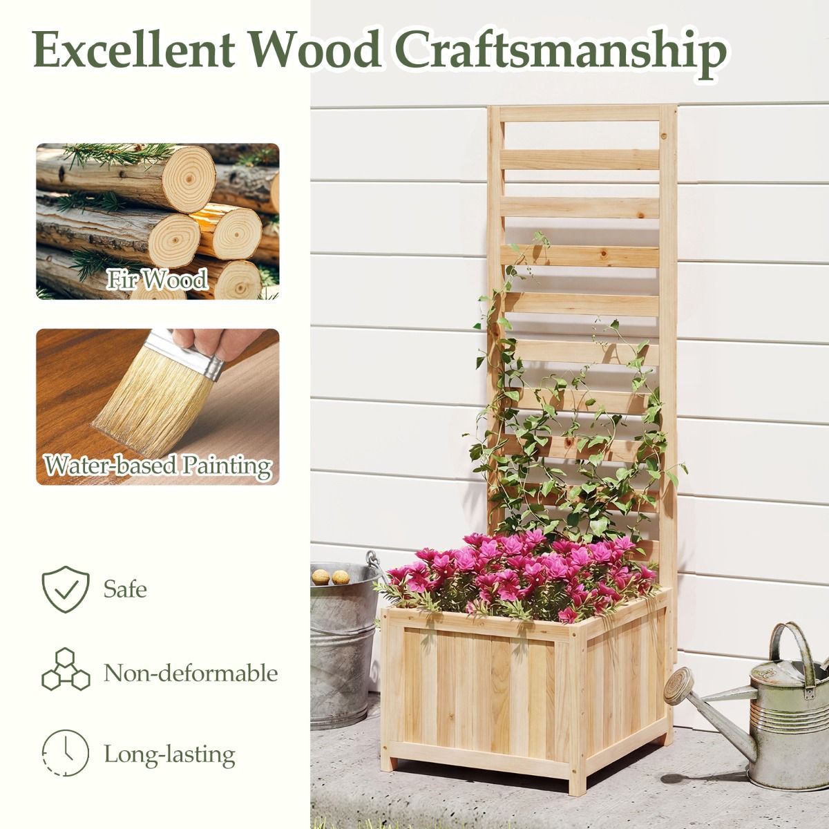 Coast Hochbeet aus Holz mit Klettergitter – mit Abflusslöchern – verstellbare Seitenteile – naturfarben – 123 cm