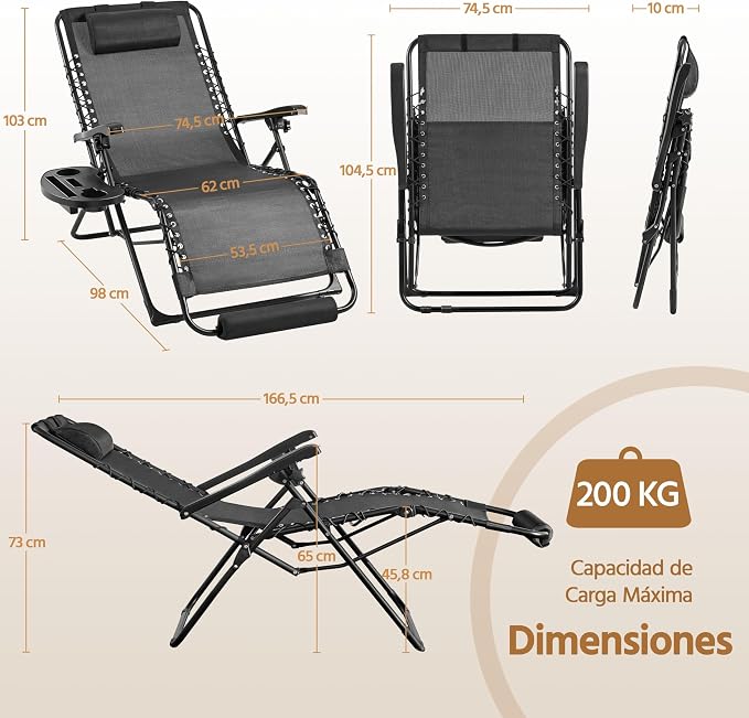 Yaheetech Zero Gravity Liegestuhl, zusammenklappbar – Schwarz – Relaxsessel mit Kissen, Fußstütze und Getränkehalter, bis 200 kg