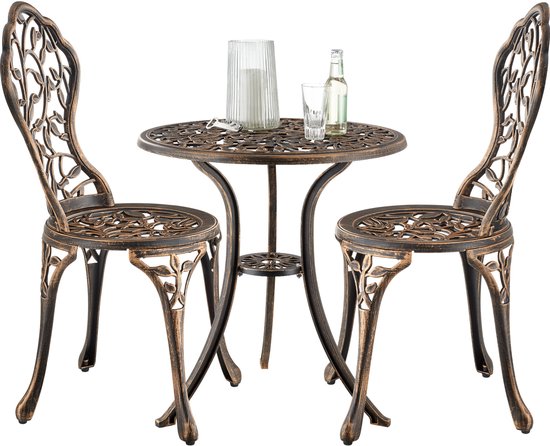 tectake® 2-Personen-Bistro-Set - Vintage Bistro-Tisch mit 2 Bistro-Stühlen - Aluminium-Bistro-Set für Garten, Terrasse oder Balkon - wetterfest - bronzefarben