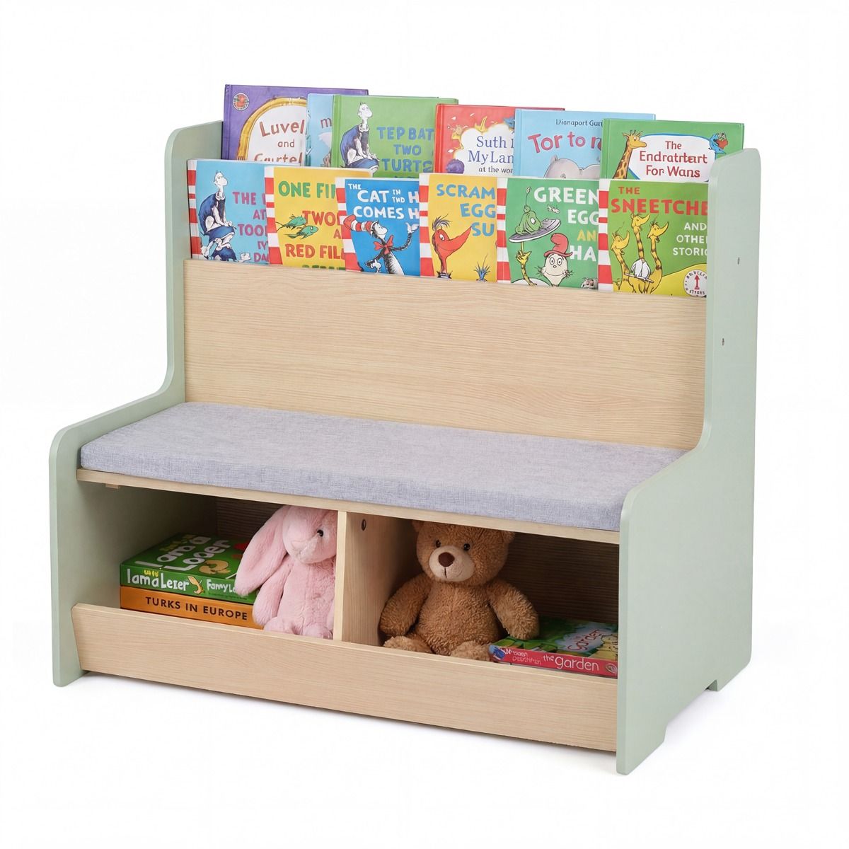 Kinderkraft 3-in-1-Kinderbücherschrank mit Sitzbank – Spielzeugaufbewahrung und Leseecke – 80 x 48 x 74,5 cm – Weiß/Grün