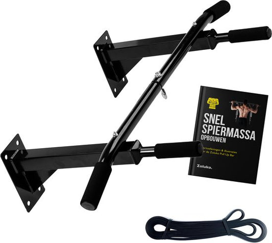 Zoluko Professionelle Klimmzugstange zur Wandmontage – inkl. Widerstandsband (Medium) und E-Book – 150 kg Tragkraft – einfache Befestigung – Klimmzugstange für Fitness – Klimmzugstation für das Training zu Hause – Chin-Up-Stange – Schwarz