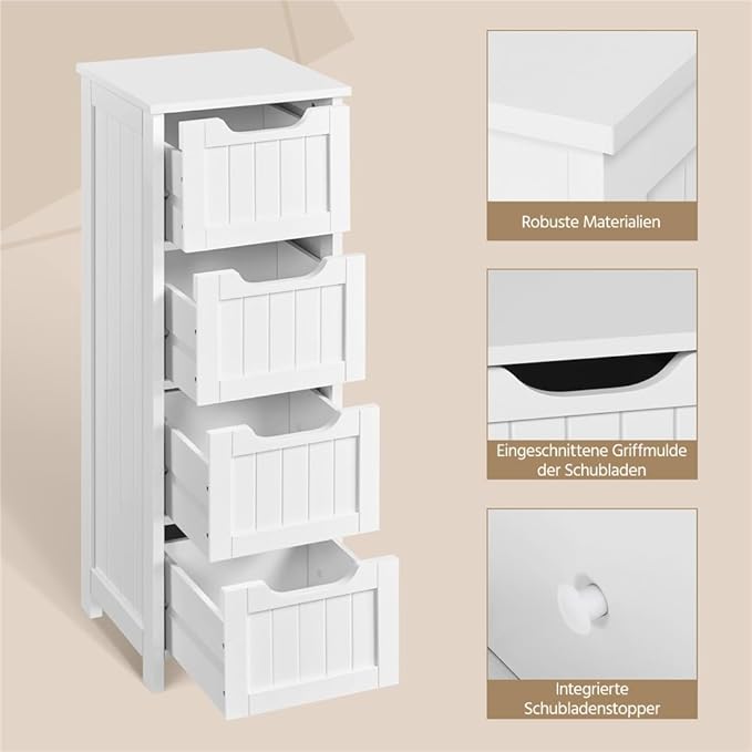 Yaheetech Badezimmerschrank 30 x 30 x 82 cm – Weiß – Standschrank mit 4 Schubladen